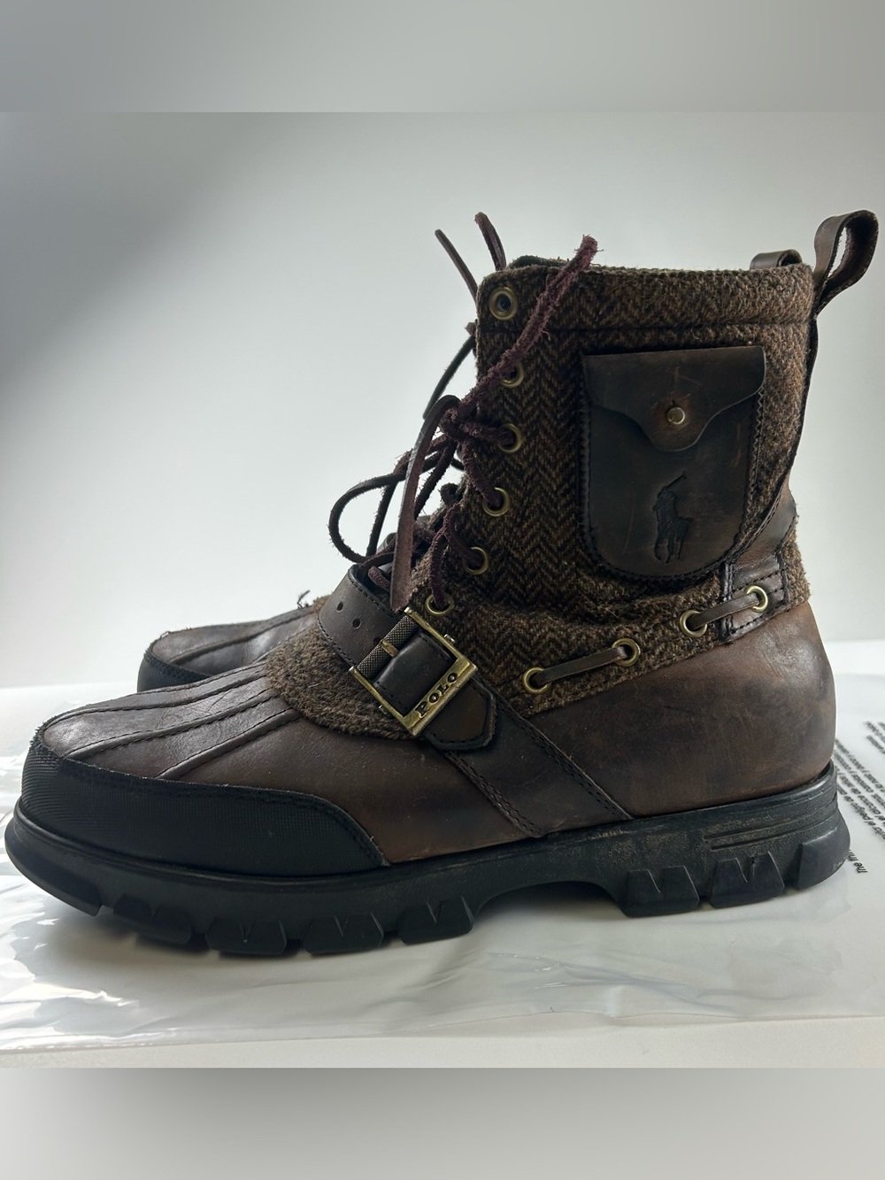 Polo Ralph Lauren Mens SZ 11D Hamlin Logo Pocket Buckle Retro Brown Boots Lamb
